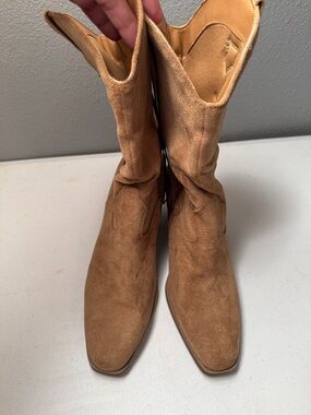 pop Tan Suede Slouchy Western-Inspired Ankle Boots
